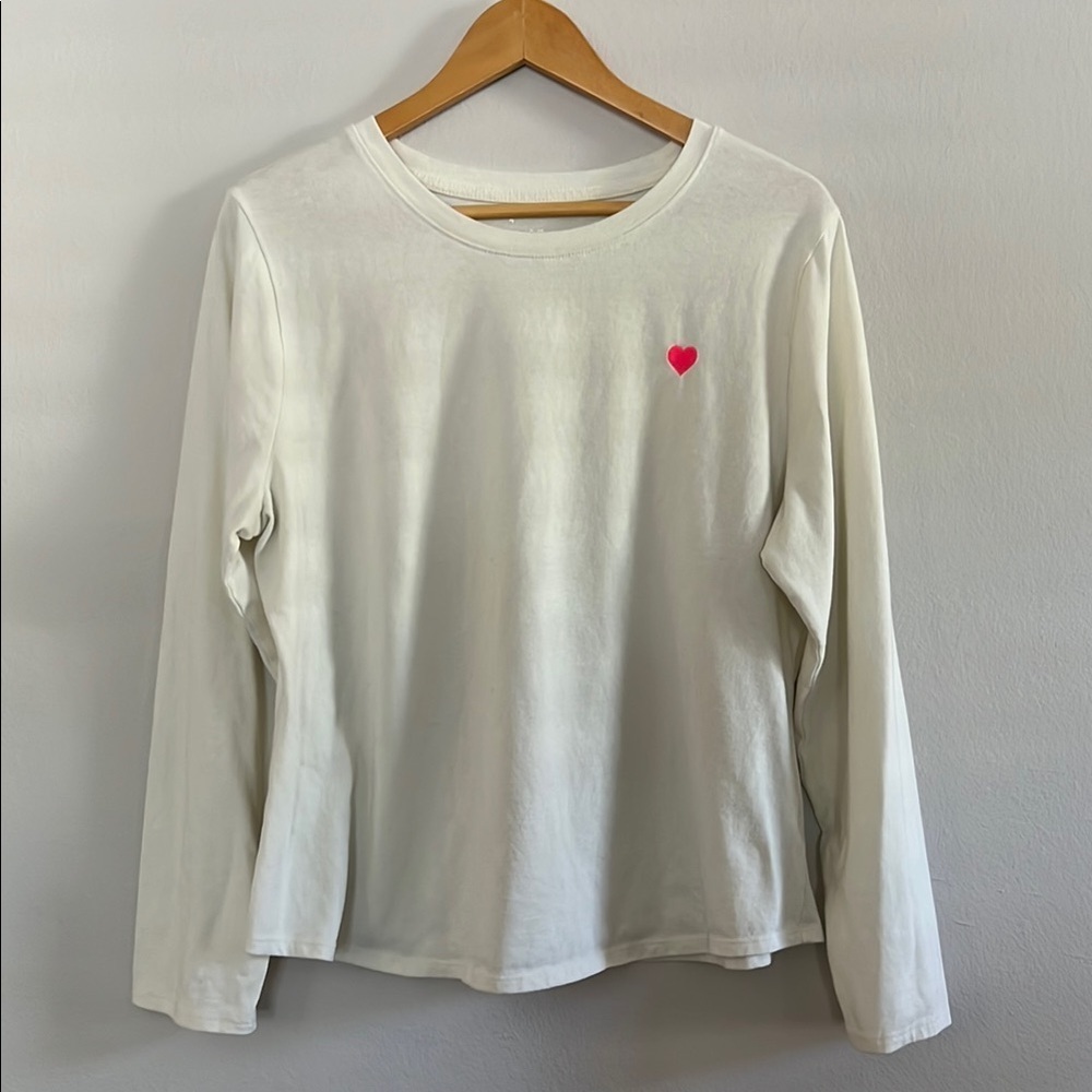 Off White Long Sleeve Shirt with Pink Heart